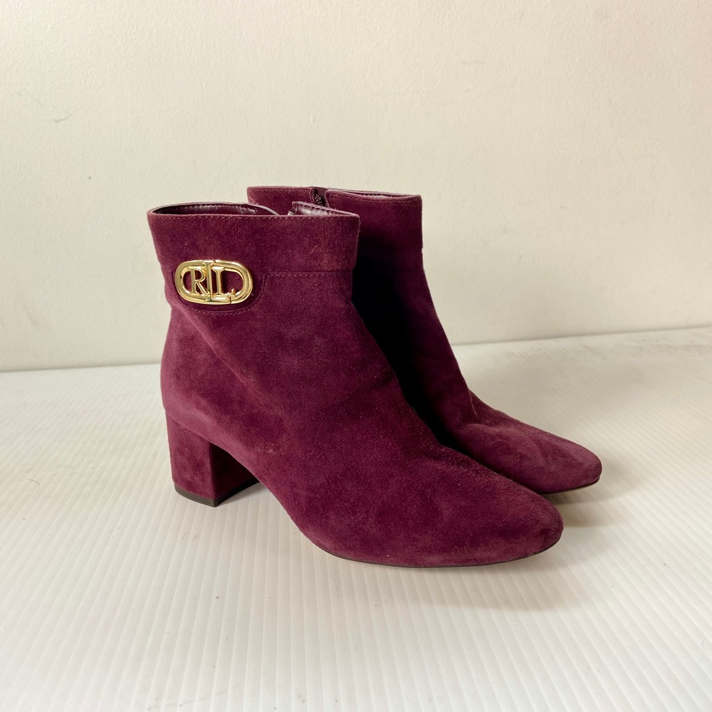 Lauren Ralph Lauren Wynne Plum Purple Suede Heeled Ankle Booties Womens 5.5B